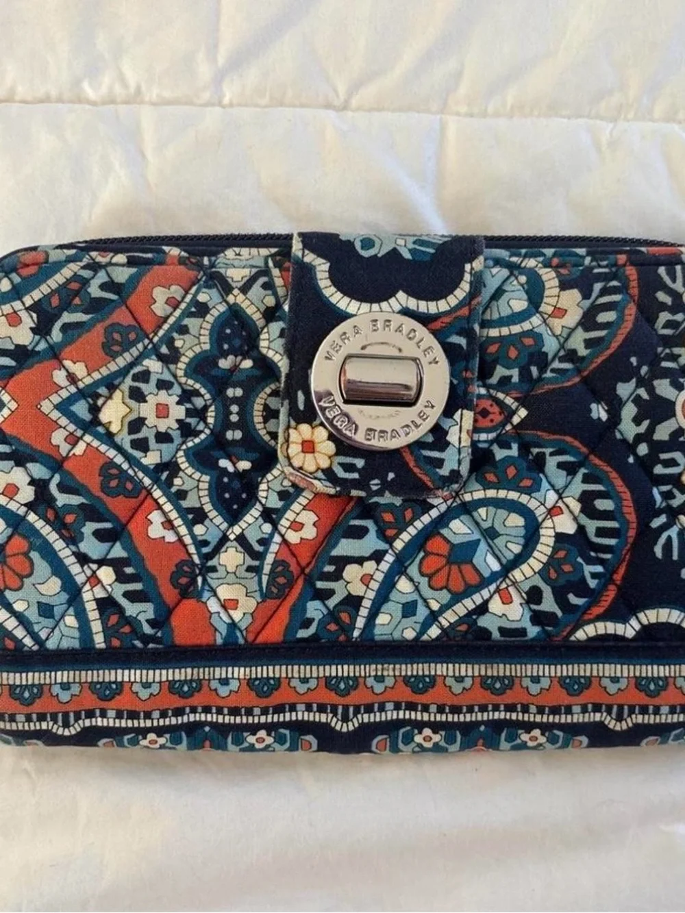 Vera Bradley Quilted Wallet in Navy, Teal, and Orange Paisley